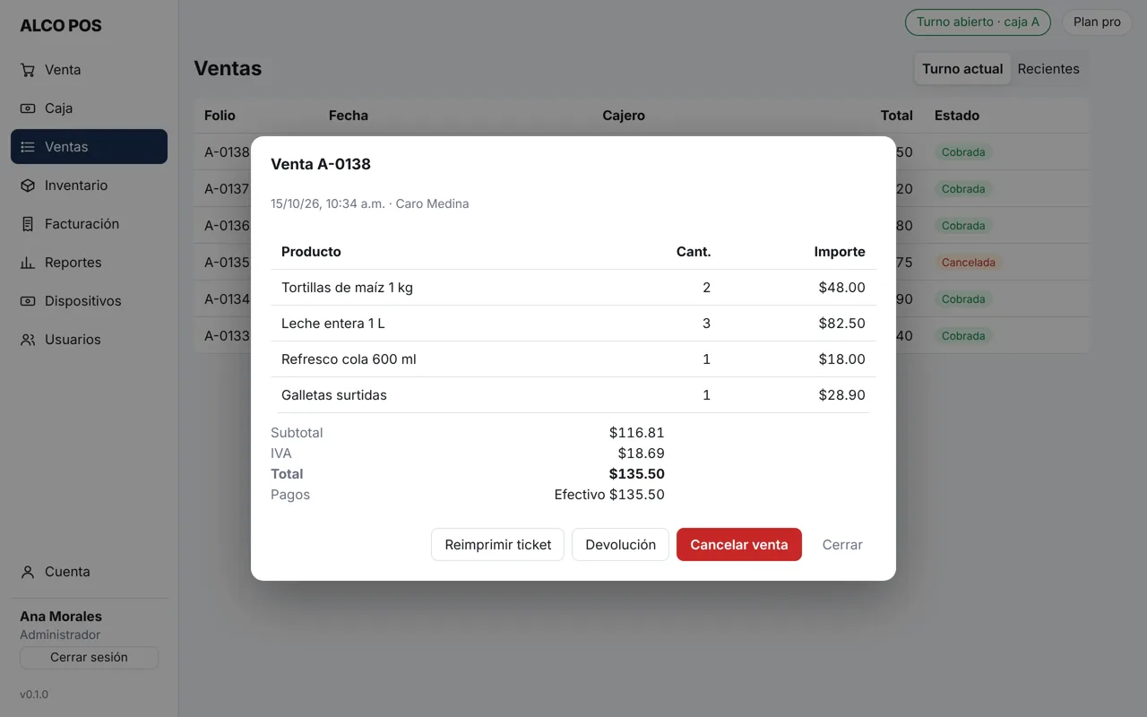 Historial de ventas de ALCO POS con el detalle de una venta